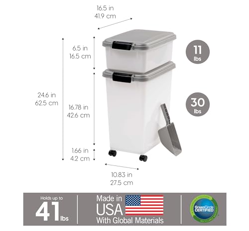USA Dog Food Storage Container, 30 lbs & 11 lbs Combo, Cat Food Storage Container, Dog Treat Container, Airtight, Stackable, 2-Cup Scoop, Wheels, Easy Mobility, Silver