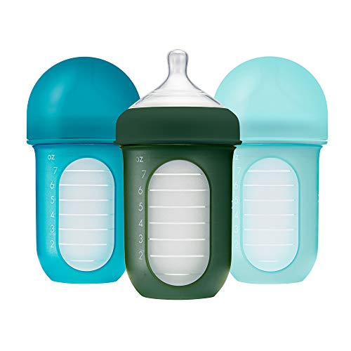 Nursh Reusable Silicone Pouch Baby Bottles - Medium Flow Nipple - Silicone Baby Bottle Pouch and Nipple - Baby Feeding Essentials - Blue - 3-6 Months - 3 Count - 8 Ounce