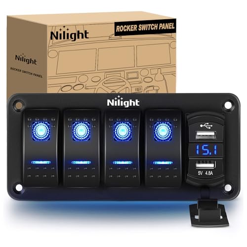 4 Gang Rocker Switch Panel with 4.8 Amp Dual USB Charger Voltmeter Waterproof 12V 24V DC Rocker Switch with Night Glow Stickers for Car Trucks Boats RVs