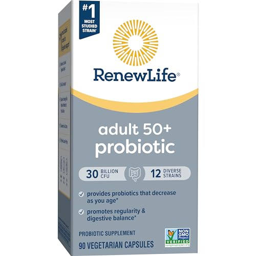 Probiotic Adult 50 Plus Probiotic Capsules, Daily Supplement Supports Urinary, Digestive and Immune Health, L. Rhamnosus GG, Dairy, Soy and gluten-free, 30 Billion CFU, 90 Count