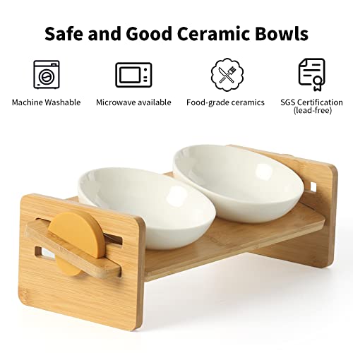 Elevated Cat Ceramic Bowls, Small Dog 15° Tilted Raised Food Feeding Dishes, Solid Bamboo Water Stand Feeder Set for Cats and Puppy