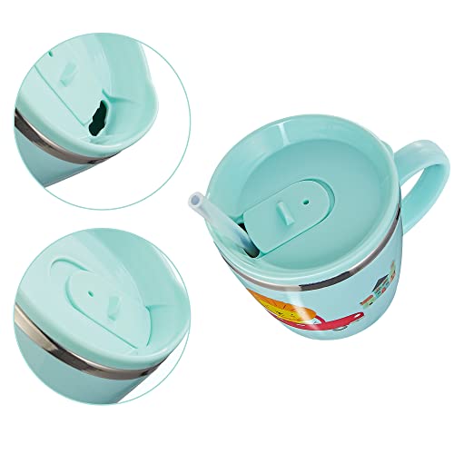 Kids Baby Toddler Cups Mug Sippy Learning Trainer Cup for Milk Coffee Hot Chocolate Stainless Steel Trainer Straw Cup with Lid, Lion, 7oz/Peacock blue
