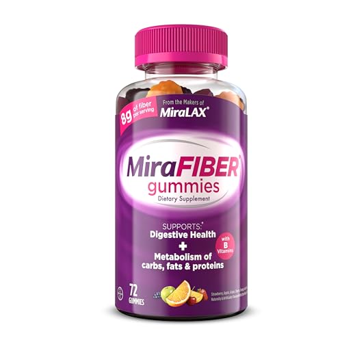 MiraFIBER Gummies, From The Gut Experts at , 8g of Daily Prebiotic Fiber with B Vitamins to Support Digestive Health and Metabolism, Fruit Flavored Fiber Gummies, 72 Count