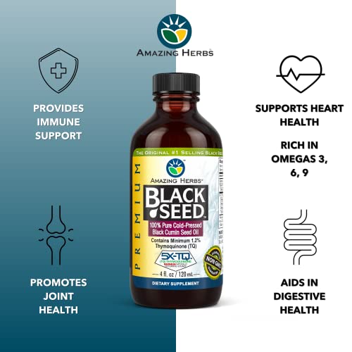 Premium Black Seed Oil - Cold Pressed Nigella Sativa Aids in Digestive Health, Immune Support, Brain Function, Joint Mobility, Gluten Free, Non GMO - 4 Fl Oz