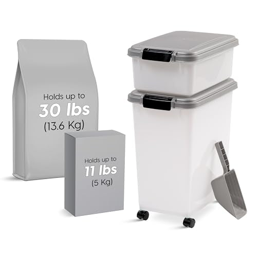 USA Dog Food Storage Container, 30 lbs & 11 lbs Combo, Cat Food Storage Container, Dog Treat Container, Airtight, Stackable, 2-Cup Scoop, Wheels, Easy Mobility, Silver