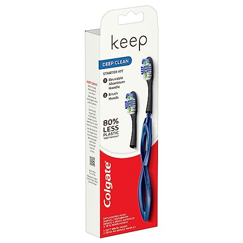 Keep Soft Manual Toothbrush for Adults with 2 Deep Clean Floss-Tip Brush Heads, Navy