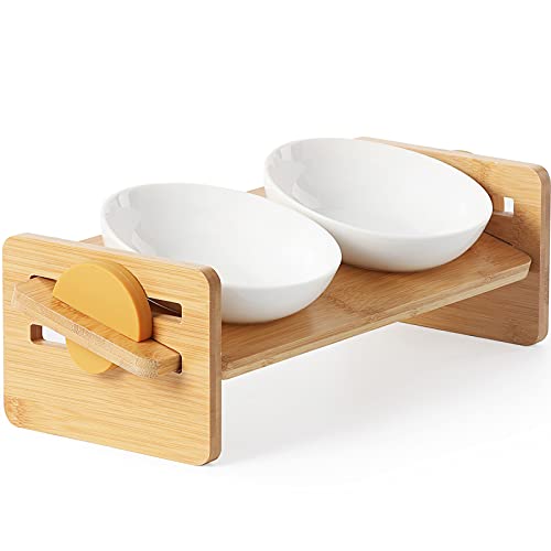 Elevated Cat Ceramic Bowls, Small Dog 15° Tilted Raised Food Feeding Dishes, Solid Bamboo Water Stand Feeder Set for Cats and Puppy