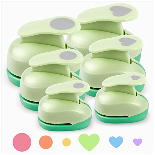 Circle Hole Punch, Paper Punches for Crafting, 3/8+5/8+1 Inch Circle Punch, Heart Hole Punch, Circle Shape Cutter for Paper Crafts Scrapbooking, 6Pcs