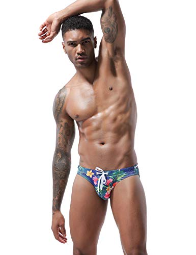 Mens Bikini Swimsuit Sexy Low Rise Flowers Print Quick Dry Swim Briefs Swimwear (Leaves, M)