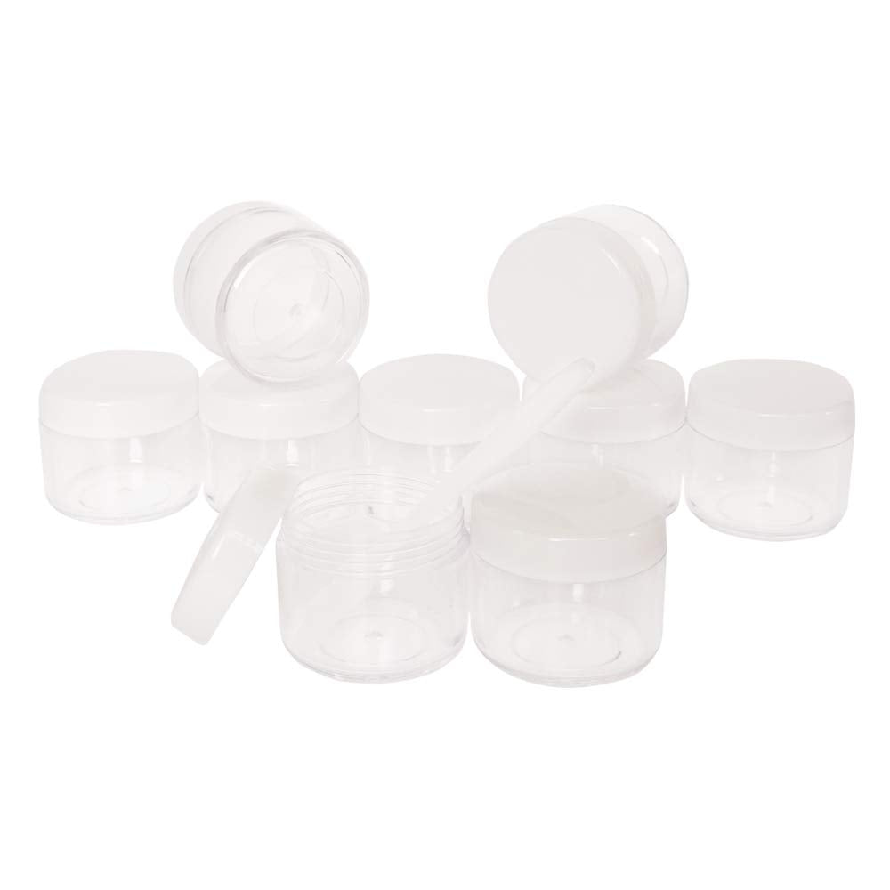 16pack 20g Empty Sample Jars, 20ml Small Plastic Refillable Cosmetic Container for Makeup Eyeshadow Jewelry Cream Slime Bath Lotions Oils, Clear Round Pot w/ WHITE Lid, Free Spatulas +Label