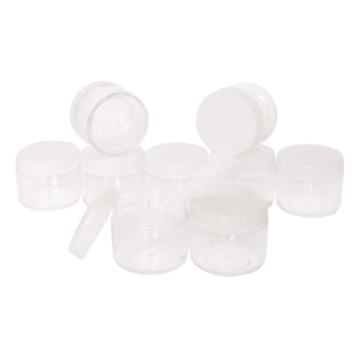 16pack 20g Empty Sample Jars, 20ml Small Plastic Refillable Cosmetic Container for Makeup Eyeshadow Jewelry Cream Slime Bath Lotions Oils, Clear Round Pot w/ WHITE Lid, Free Spatulas +Label