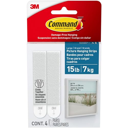Large Bath Picture Hanging Strips, Holds up to 15 lb, Damage Free Hanging Picture Hangers, No Tools Wall Hanging Strips for Bathroom, 4 Pairs (8 Strips)