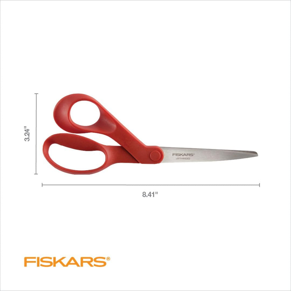 ® All-Purpose Left-Handed Scissors - Ergonomically Contoured - 8 Stainless Steel - Paper and Fabric Scissors for Office, Arts, and Crafts - Red