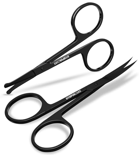 Eyebrow Scissors, Small Scissors for Men and Women - Curved and Rounded Nose Hair Scissors for Grooming Mustache, Beard, Eyelashes, Ear Hair Trimming- Professional Stainless Steel - Black