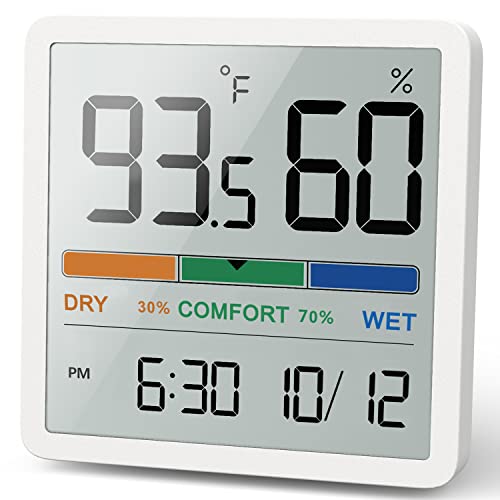 Hygrometer Indoor Thermometer, Desktop Digital Thermometer with Temperature and Humidity Monitor, Accurate Humidity Gauge Room Thermometer with Clock (White)