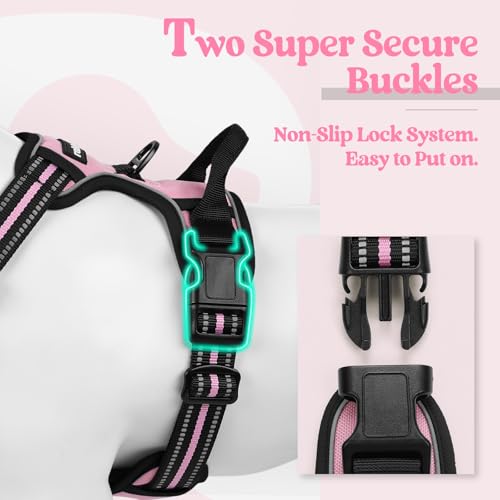 Dog Harness No Pull with 2 Leash Clips, Adjustable Soft Padded, Reflective Oxford No Choke Pet Vest with Easy Control Handle for Medium Sized Dogs, Pink, M