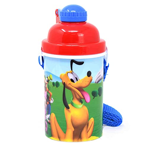 Disney Mickey Mouse One Touch Button Water Bottles with Reusable Built in Straw, Carrying Strap - Safe Approved BPA Free, Easy to Clean, for Kids Girls Boys, Goodies Home Travel