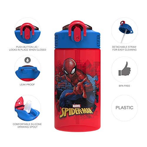 Marvel SpiderMan Kids Spout Cover and Built-in Carrying Loop Made of Plastic, Leak-Proof Water Bottle Design (BPA-Free), Red, 16oz