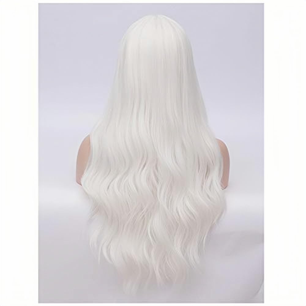 28' Women Girls Long Wavy Synthetic Wigs for Costume Play Party with Wig Cap (White)