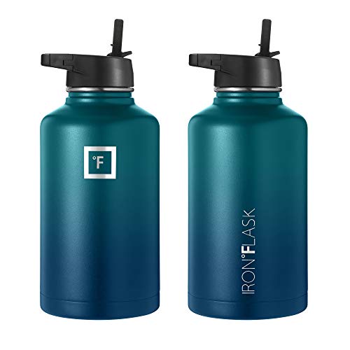 Camping & Hiking Hydration Flask, Wide Mouth, 3 Straw Lids, Stainless Steel Outdoor Water Bottle, Double Walled, Insulated Thermos, Metal Canteen - Dark Night, 64 Oz