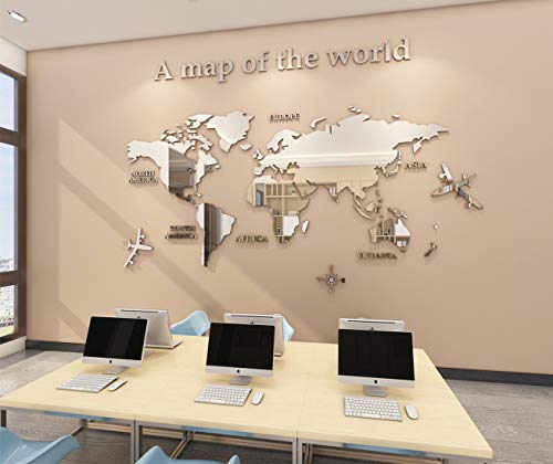 3D Wall Stickers - DIY World Map Wall Decal Sticker Murals Map Wall Décor for Living Room Bedroom TV Background Home Decorations(Silver,M: 120x60 cm)