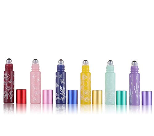 6 Pcs 10ml Glass Roll On Bottle,6 Colour Flower Type Matte Essential Oil Roller Bottle With Metal Roller Balls Perfume Travel Roll-On Vial with Aluminum Lids-Funnel&Pipette Include