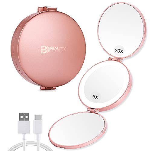 20X Magnifying Mirror with Light, 20X/5X/1X Travel Lighted Makeup Mirror,Portable LED Compact Mirror,Handheld Folding Rechargeable Ring Light Mirror(4inches, Rose Gold)