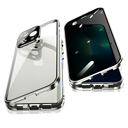 Anti Peeping Case for iPhone 13 Pro Max, 360 Degree Front and Back Privacy Tempered Glass Cover, Anti SPY Screen, Anti Peep Magnetic Adsorption Metal Bumper for iPhone 13 Pro Max (Silver)