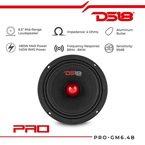 PRO-GM6.4B Midrange Loudspeaker 6.5 Red Aluminum Bullet, 480W Max, 4 Ohms,1.5 Kapton VC Premium Quality Audio Door Speakers for Car or Truck Stereo Sound System (1 Speaker)
