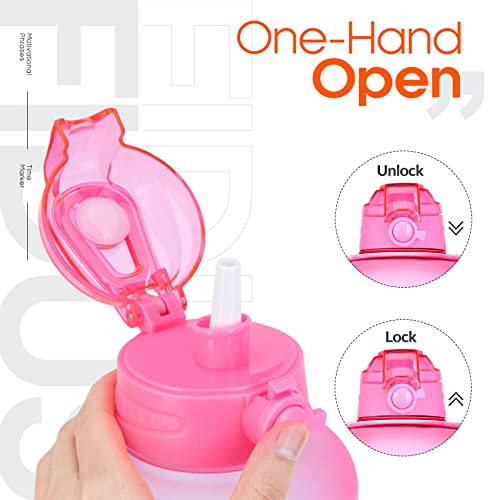 Large 1 Gallon Motivational Water Bottle with Paracord Handle & Removable Straw - BPA Free Leakproof Water Jug with Time Marker to Ensure You Drink Enough Water - Light Pink/Green