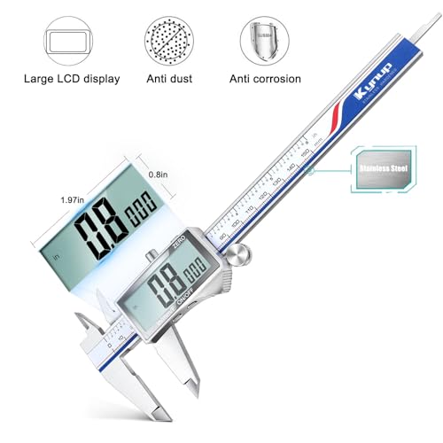 Digital Caliper, Caliper Measuring Tool with Large LCD Screen, Micrometer Caliper, Stainless Steel, Screen Splash Proof, Easy Switch from Inch Metric Fraction (6 Inch)