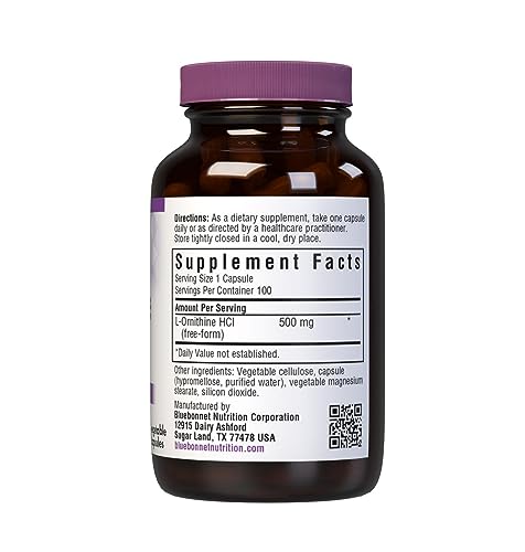 Bluebonnet Nutrition L-Ornithine 500mg, Free-Form Amino Acid, for Healthy Protein Metabolism*, Soy-Free, Gluten-Free, Non-GMO, Kosher Certified, Vegan, 100 Vegetable Capsules, 100 Servings
