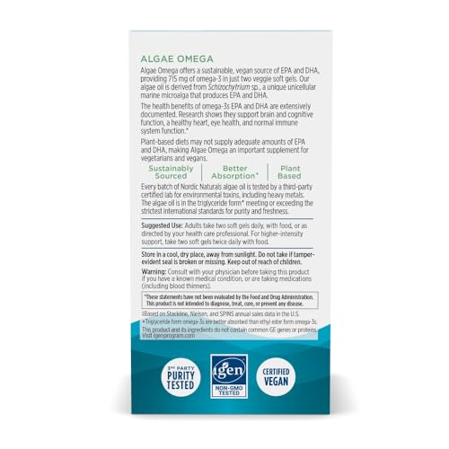 Algae Omega - 60 Soft Gels - 715 mg Omega-3 - Certified Vegan Algae Oil - Plant-Based EPA & DHA - Heart, Eye, Immune & Brain Health - Non-GMO - 30 Servings