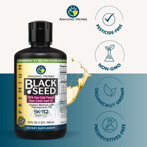 Premium Black Seed Oil - Cold Pressed Nigella Sativa Aids in Digestive Health, Immune Support, Brain Function, Joint Mobility, Gluten Free, Non GMO - 32 Fl Oz