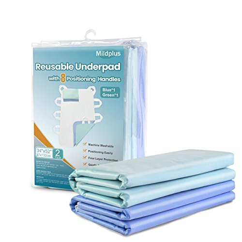 Washable Bed Pads with 8 Sturdy Handles 34”×52” Extra Large Reusable Underpads 4-Layers Leakproof Chucks Pads Washable for Incontinence (2 Pack)