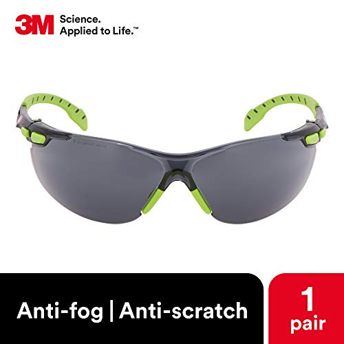 Safety Glasses, Solus 1000, S1202SGAF, ANSI Z87, Scotchgard Anti-Fog, Gray Lens, Green/Black Frame, Padded Temple, Soft Nosebridge, UV Protection, Premium Eye Protection