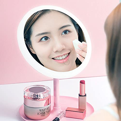 LED Makeup Mirror with Touch Control - Decorative Vanity Mirror for Bedroom & Desk,Tabletop Beauty Mirror Bathroom Bedroom Dressing Mirror(Round LED, Pink)