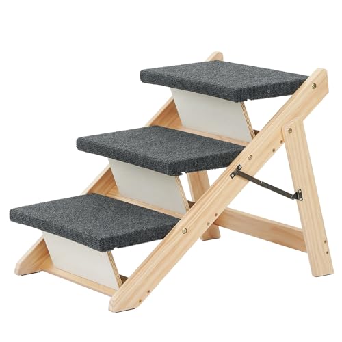 Wood Pet Stairs/Pet Steps - Foldable 3 Levels Dog Stairs & Ramp Perfect for Beds and Cars - Portable Dog/Cat Ladder Up to 110 Pounds