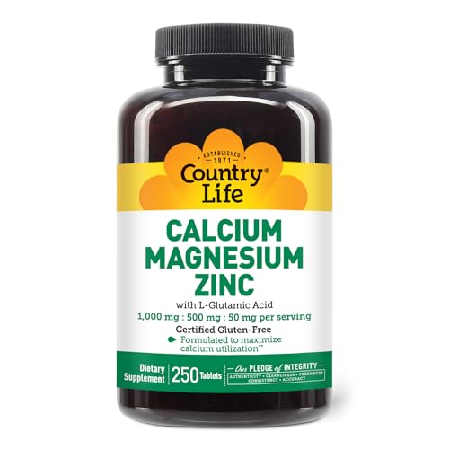 Calcium Magnesium Zinc with Vitamin D3 and L-Glutamic Acid, Dietary Supplement for Bone Support, Certified Gluten Free, 1000mg/500mg/50mg, 250 Tablets