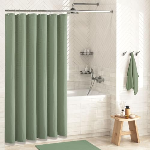 Sage Green Shower Curtain - Waffle Textured Heavy Duty Thick Fabric Shower Curtains for Bathroom, 256GSM Luxury Weighted Polyester Cloth Bath Curtain Set with 12 Plastic Hooks,72Wx72H,Green