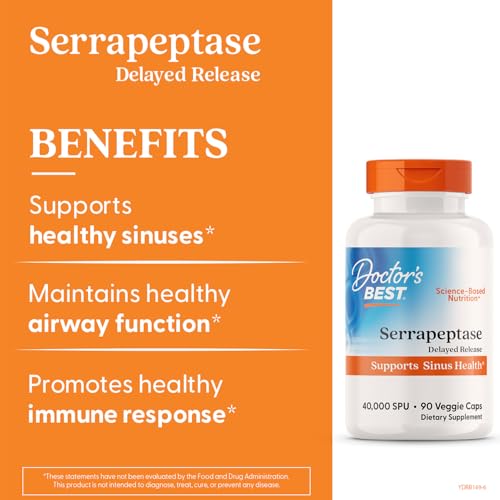 Doctors BEST Serrapeptase, 40,000 SPU, Supports Sinus Health, Non-GMO, Vegan 90 Veggie Caps