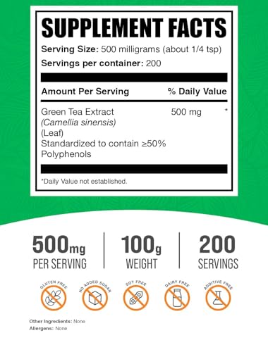 .com Green Tea Extract Powder - 50% Polyphenol, Green Tea Supplement, Herbal Supplement - Gluten Free, 500mg per Serving, 100g (3.5 oz) (Pack of 1)