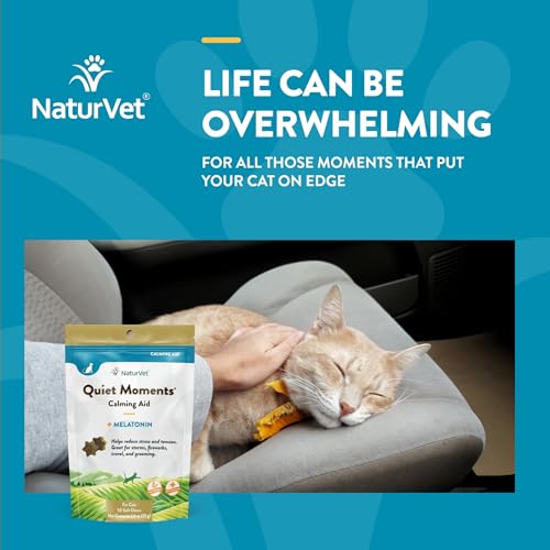 Quiet Moments Calming Aid Cat Supplement Plus Melatonin – Helps Reduce Stress in Cats – for Pet Storm Anxiety, Motion Sickness, Grooming, Separation, Travel – 50 Ct. Soft Chews
