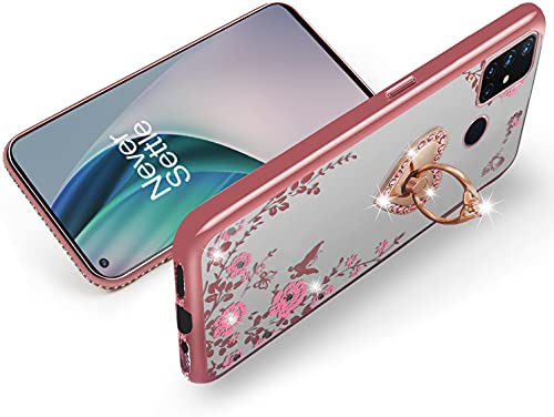 for OnePlus Nord N10 5G Case for Women, Glitter Crystal Butterfly Heart Floral Slim TPU Luxury Bling Cute Girls Cover with Ring Holder Stand+Strap for OnePlus Nord N10 5G (2020)-Rose Gold