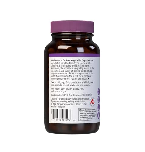 Bluebonnet Nutrition BCAAs 4:1:1 Ratio, Muscle Performance*, Muscle Health*, Muscle Repair*, Non-GMO, Vegan, Kosher Certified, Gluten-Free, Soy-Free, Dairy-Free, 120 Vegetable Capsules, 30 Servings