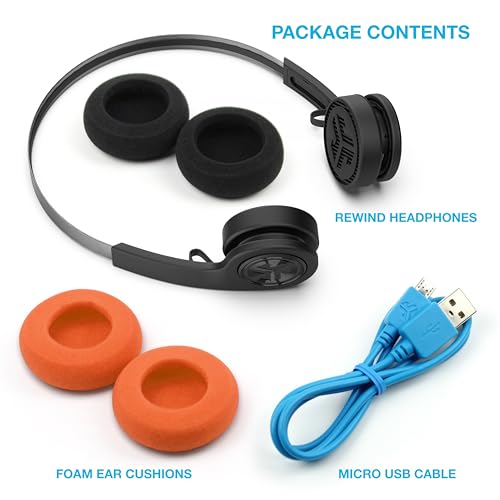 Rewind Wireless Retro Headphones, Black, Bluetooth 4.2, 14 Hours Playtime, Custom EQ3 Sound, Music Controls, Noise Isolation, with Microphone, Throwback 80's/ 90's Design