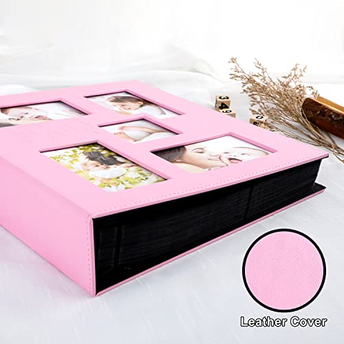 Baby Photo Album 4x6 500 Pocket Pictures, Leather Cover Newborn Shower Girl Bebe Album Holds 500 Horizontal Vertical Photos Pink