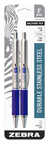 Zebra F-402 Ballpoint Stainless Steel Retractable Pen, Fine Point, 0.7mm, Blue Ink, 2-Count