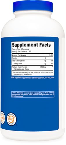 Psyllium Husk 1500mg Per Serving, 500 Capsules - Non-GMO & Gluten Free