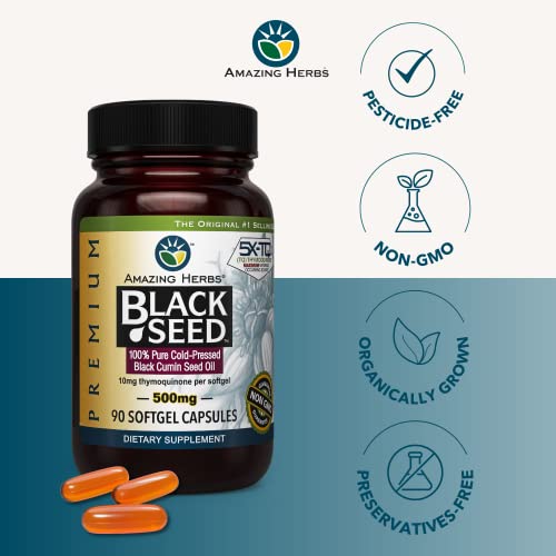 Premium Black Seed Oil Capsules - Cold Pressed Nigella Sativa Aids in Digestive Health, Immune Support, Brain Function, Gluten Free, Non GMO - 90 Count, 500mg